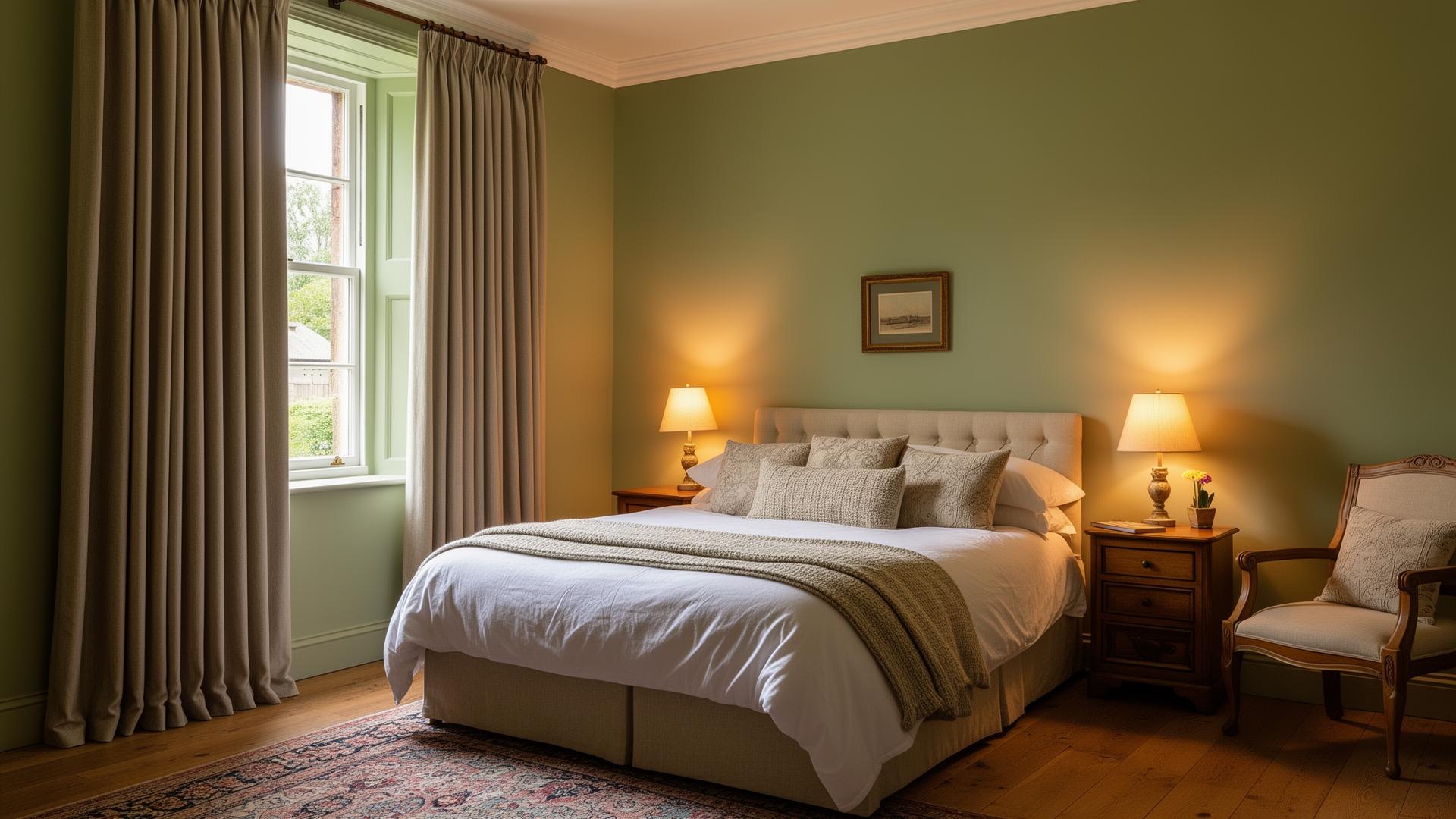 Bedroom with floor-length curtains and warm lamplight