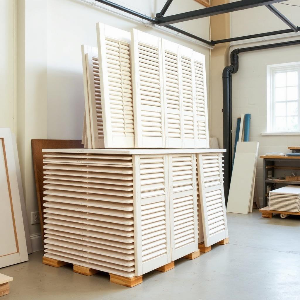Stack of premium UK-made Hardwood+ shutter panels in the workshop