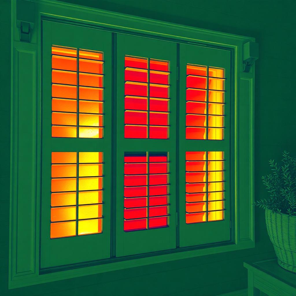 Thermal camera image of the same window with shutters closed, showing heat retained